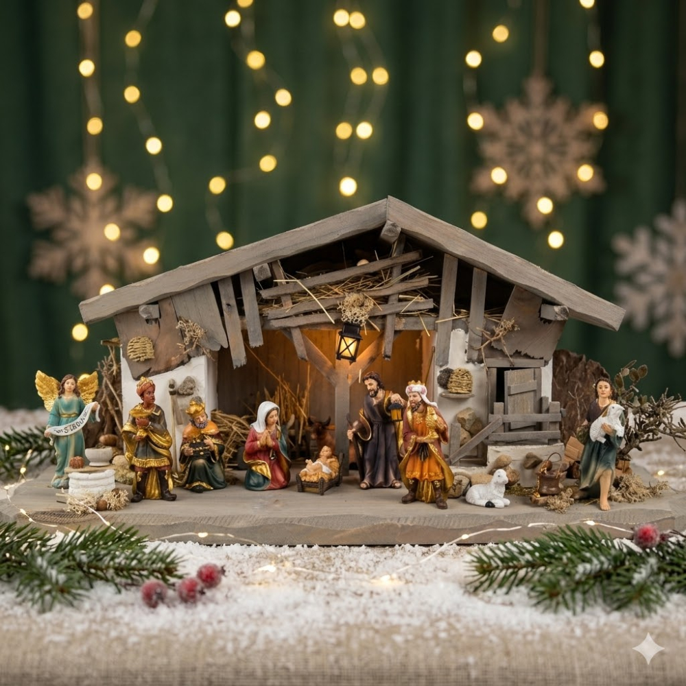 Stilvolle Weihnachtskrippe Breitenbrunn inkl. 11-tlg. Figurensatz K 604, Maße Krippe: ca. 60 x 23 x 26 cm
